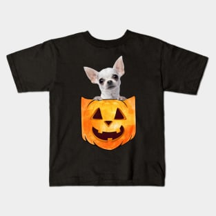 White Chihuahua Dog In Pumpkin Pocket Halloween Kids T-Shirt